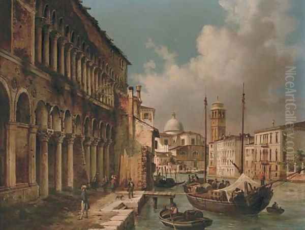 Figures before a palazzo on a Venetian backwater with San Giorgio Maggiore beyond Oil Painting by Luigi Querena