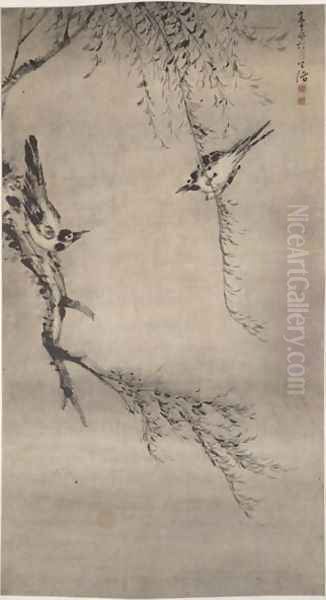 Two Magpies Playing in a Willow Tree, Qing Dynasty Oil Painting by Gao Qipei