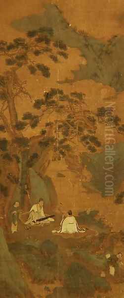 Two Scholars playing the Qin and Erhu under a Pine Tree Oil Painting by Ying Qiu