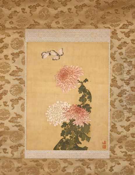 Two Butterflies above Chrysanthemums, Qing Dynasty, c.1760 Oil Painting by Shen Quan