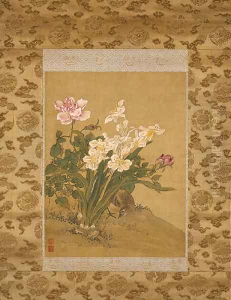 Bird beneath a Narcissus Plant and Blossoming Rose Bush, Qing Dynasty, c.1760 Oil Painting by Shen Quan