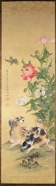 Dogs and Peony, Qing Dynasty Oil Painting by Shen Quan