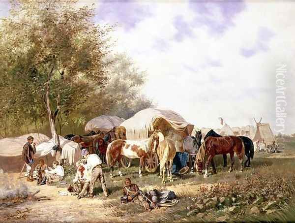 A Cavalry Encampment Oil Painting by Franz Quaglio