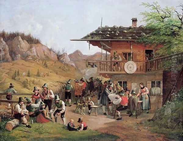 Target Practice in Fischbachau by Lake Schlier Oil Painting by Lorenzo I Quaglio