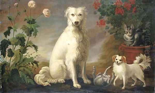 Two dogs and two cats in a landscape with flowers Oil Painting by Martin Ferdinand Quadal