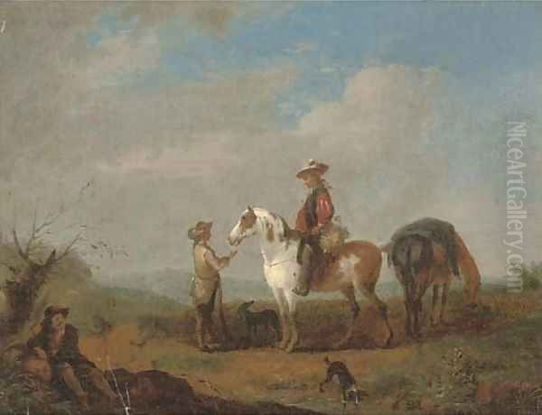 Travellers at halt in a landscape Oil Painting by August Querfurt