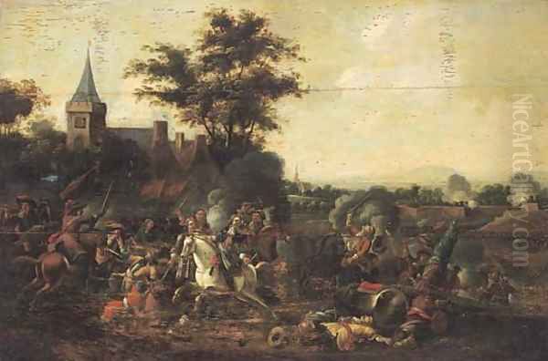 A cavalry engagement outside a walled city Oil Painting by August Querfurt