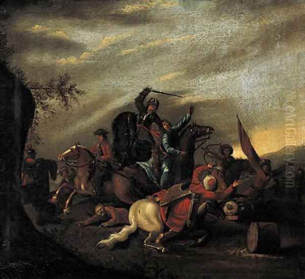 A cavalry battle between Turks and Christians Oil Painting by August Querfurt