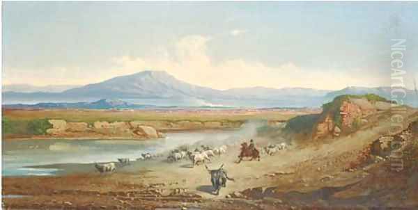 Herding Buffalo in the Roman campagna Oil Painting by Carel Max Gerlach Quaedvlieg