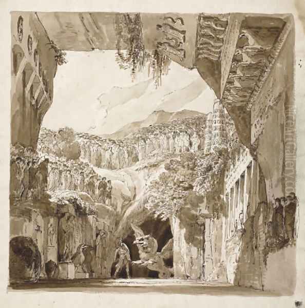 A stage design A man fighting a dragon in a cave (recto), Architectural sketches (verso) Oil Painting by Lorenzo I Quaglio