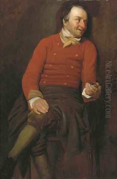 A study of a man, in a red vest, holding a snuff box in his left hand Oil Painting by Julius Henricus Quinkhard