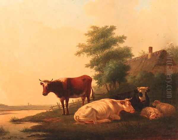 Cattle and sheep on a riverbank by a farmhouse Oil Painting by Matthijs Quispel