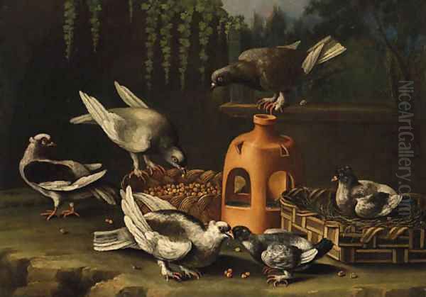 Pigeons feeding from a Basket by a stoneware Vase in a Garden Oil Painting by Giovanni Quinsa