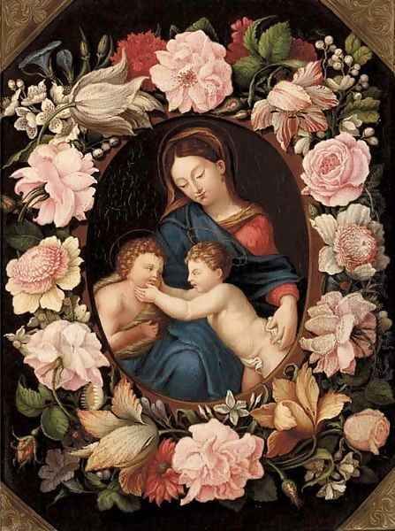 The Madonna and Child with the Infant Saint John the Baptist in a floral cartouche Oil Painting by Erasmus II Quellin (Quellinus)