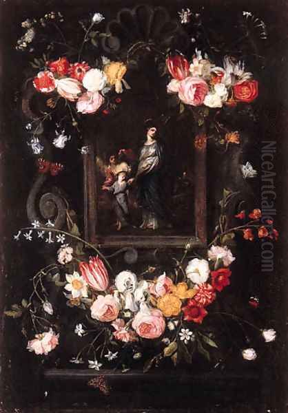 Garlands of flowers surrounding a picture of the Return from Egypt in a stone cartouche Oil Painting by Erasmus II Quellin (Quellinus)