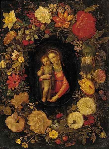 The Virgin and Child set in a feigned cartouche of carnations, tulips, daffodils and other flowers Oil Painting by Jan-Erasmus Quellinus