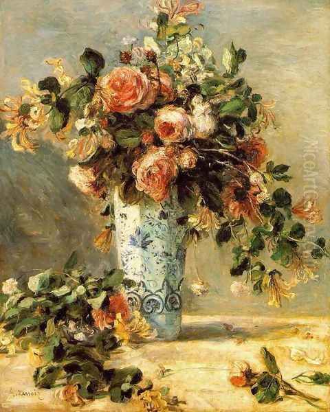 Roses And Jasmine In A Delft Vase Oil Painting by Pierre Auguste Renoir