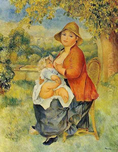 Motherhood Aka Woman Breast Feeding Her Child Oil Painting by Pierre Auguste Renoir