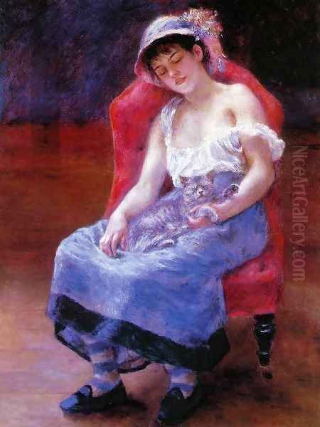 Sleeping Girl Aka Girl With A Cat Oil Painting by Pierre Auguste Renoir