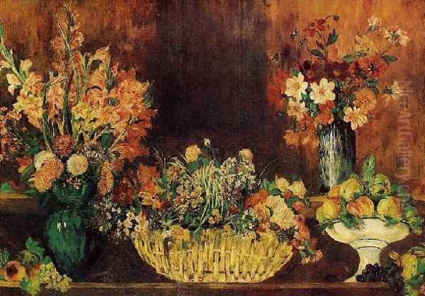 Vase Basket Of Flowers And Fruit Oil Painting by Pierre Auguste Renoir