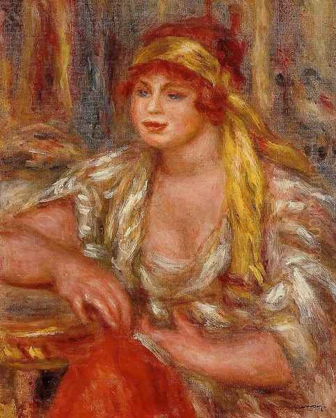 Andree In Yellow Turban And Blue Skirt Oil Painting by Pierre Auguste Renoir