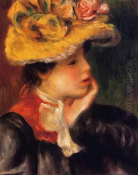 Head Of A Young Woman Aka Yellow Hat Oil Painting by Pierre Auguste Renoir