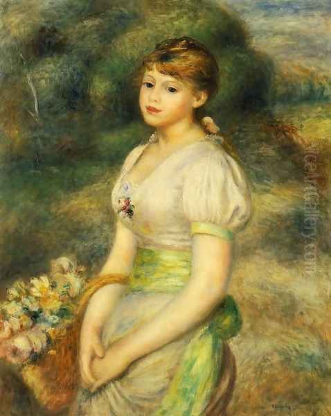 Young Girl With A Basket Of Flowers Oil Painting by Pierre Auguste Renoir