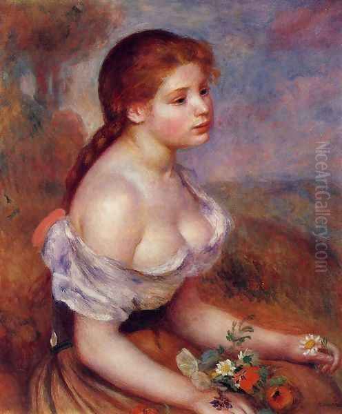 Young Girl With Daisies Oil Painting by Pierre Auguste Renoir