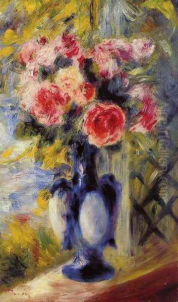 Bouquet Of Roses In A Blue Vase Oil Painting by Pierre Auguste Renoir