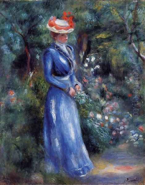 Woman in a Blue Dress, Garden of Saint-Cloud Oil Painting by Pierre Auguste Renoir