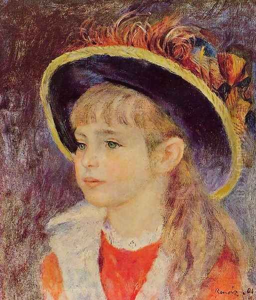 Young Girl In A Blue Hat Oil Painting by Pierre Auguste Renoir