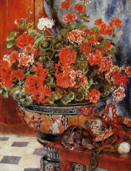 Geraniums And Cats Oil Painting by Pierre Auguste Renoir