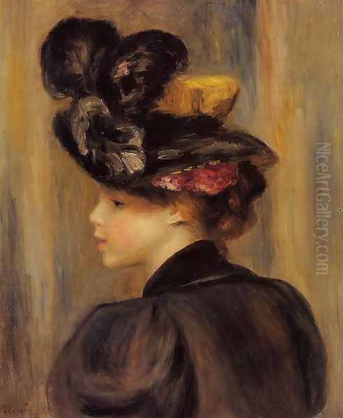 Young Woman Wearing A Black Hat Oil Painting by Pierre Auguste Renoir