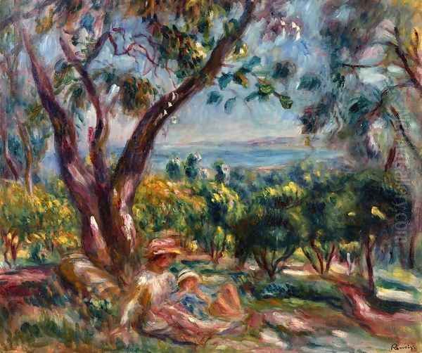 Cagnes Landscape with Woman and Child Oil Painting by Pierre Auguste Renoir