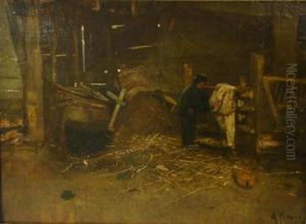 Farm Hand In A Stable Interior Oil Painting by Anton Mauve