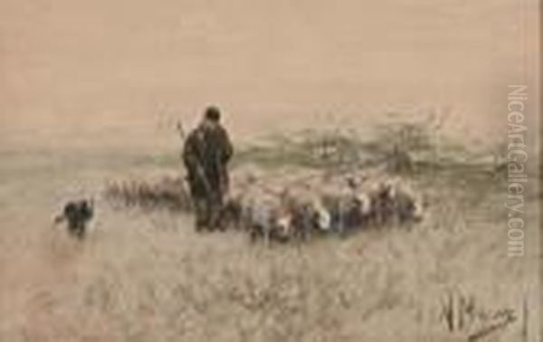 Herder Met Hond En Schaapskudde Oil Painting by Anton Mauve