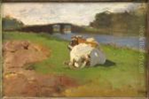 Cow Resting Beside Stream Oil Painting by Anton Mauve