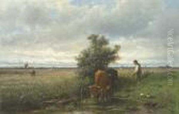 Cattle Watering Oil Painting by Anton Mauve