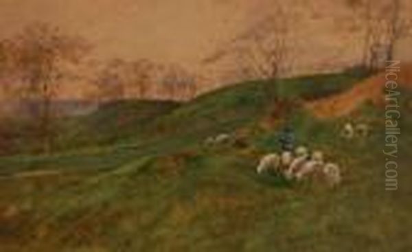 Shepherd And Sheep Inlandscape Oil Painting by Anton Mauve