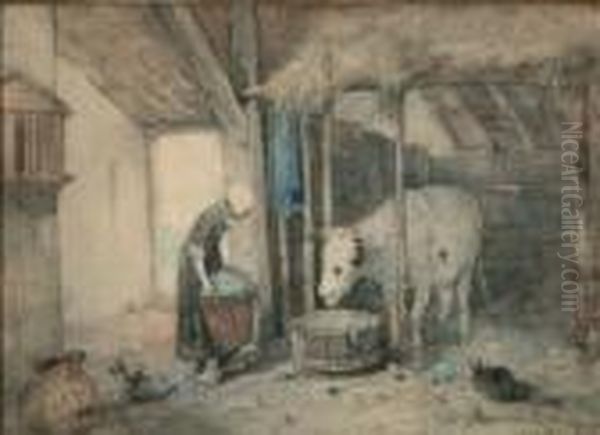 Stalinterieur Met Boerin En Koe Oil Painting by Anton Mauve