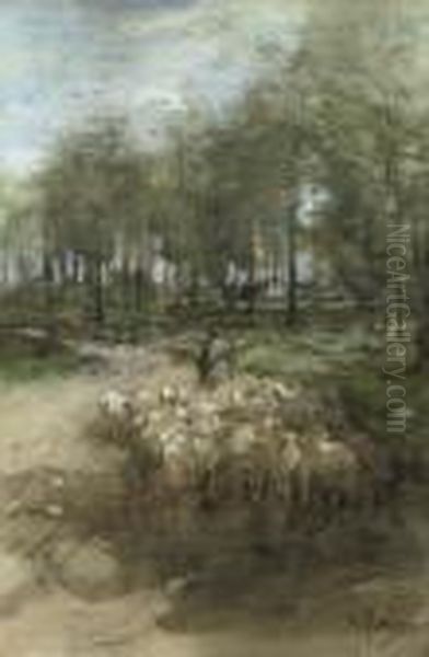 Naar De Heide: A Shepherd And His Flock On A Sandy Track Oil Painting by Anton Mauve