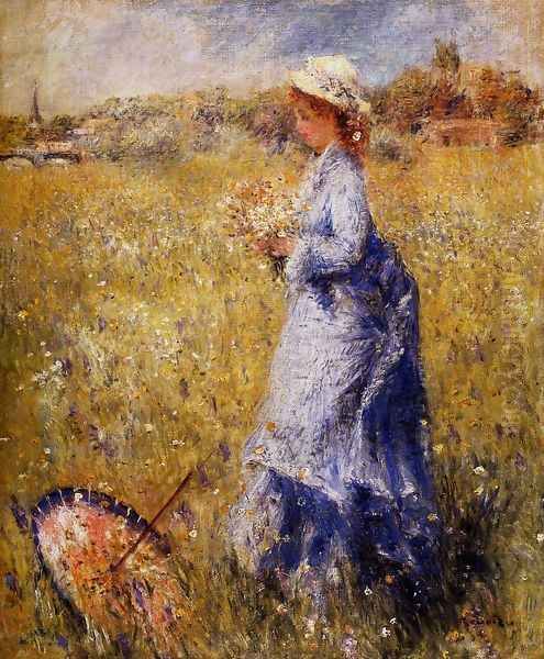 Girl Gathering Flowers Oil Painting by Pierre Auguste Renoir