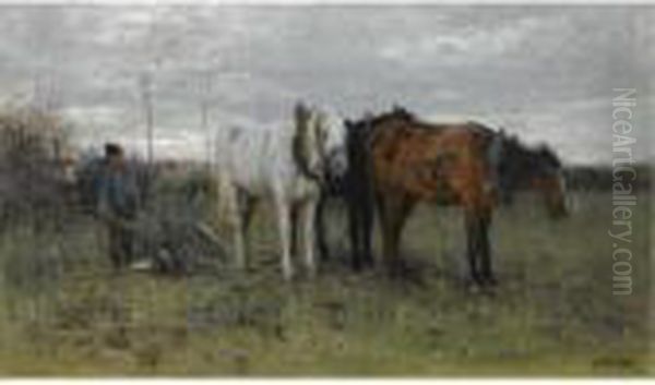 A Ploughing Farmer Oil Painting by Anton Mauve