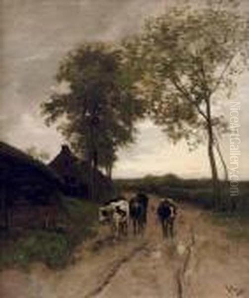 Huiswaarts: A Farmer With His Cattle Oil Painting by Anton Mauve