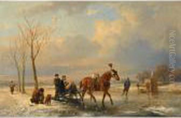 A Winter Landscape With Figures On A Sleigh, A 'koek En Zopie' In The Background Oil Painting by Anton Mauve