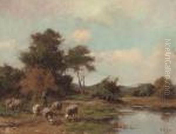 A Shepherd And His Flock By A Lake Oil Painting by Anton Mauve