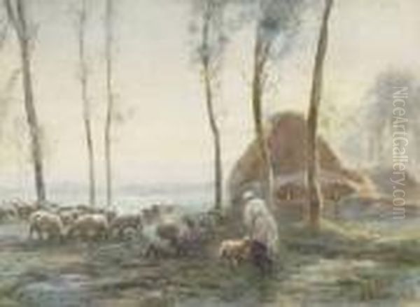 Shepherdess And Flock Oil Painting by Anton Mauve