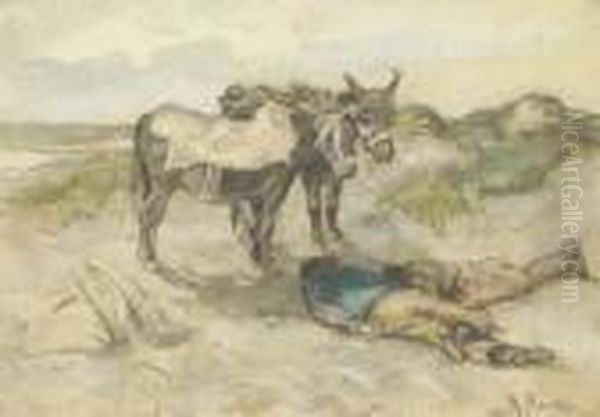 Welcome Shade: Donkeys And Their Keepers In The Dunes Oil Painting by Anton Mauve