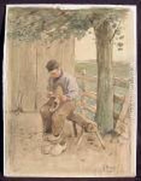 A Young Boy Making Clogs, Watercolor On Paper, Unframed Oil Painting by Anton Mauve