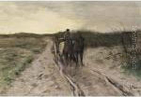 A Horse-drawn Cart On A Country Road Oil Painting by Anton Mauve